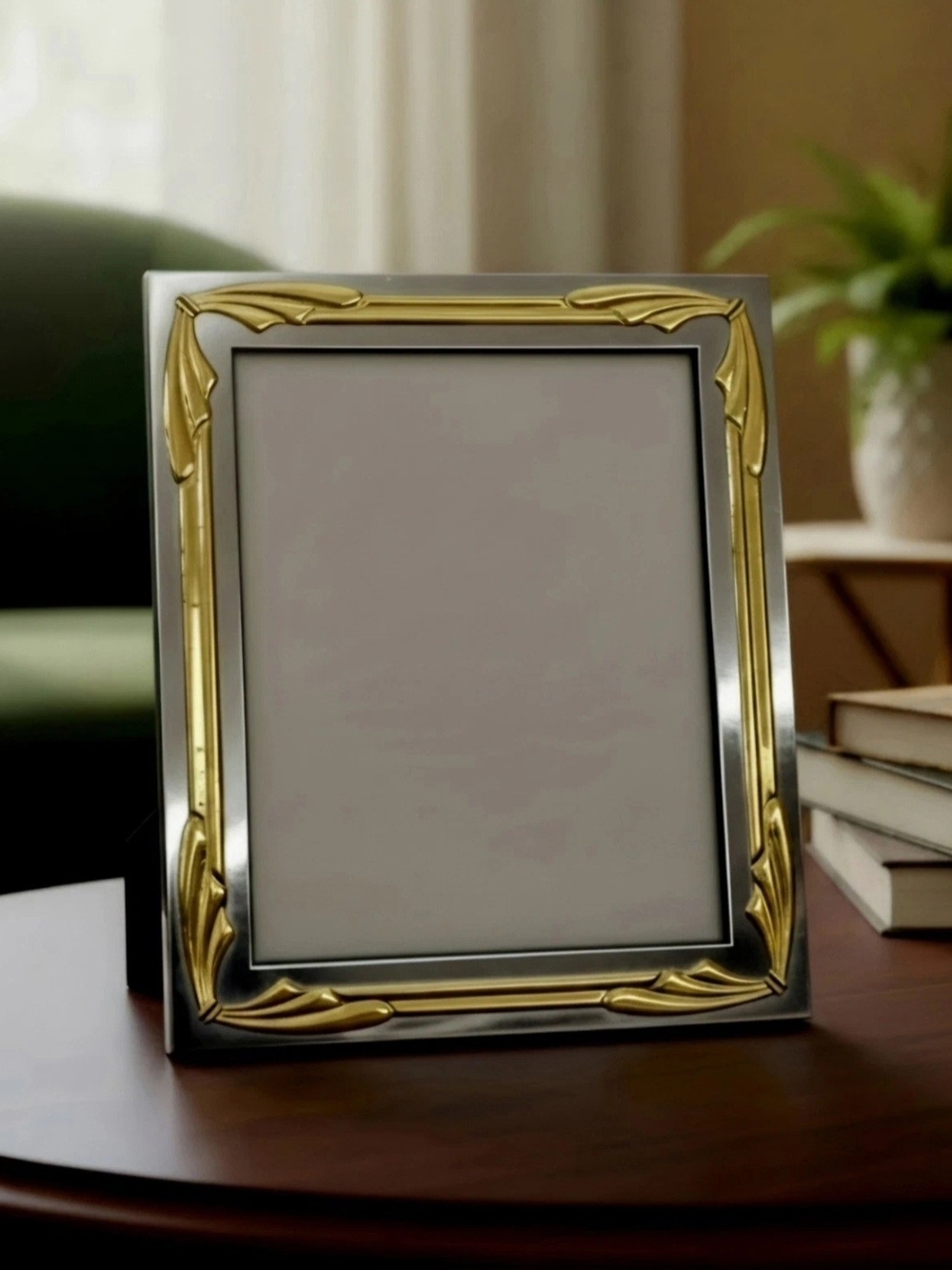 Mid Century Picture Frame Featuring Silver Mirroed Finish With Ornate Gold Tones